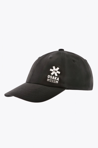 Osaka baseball cap soft in black with logo in white. Side view