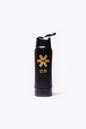 Osaka Kuro aluminium water bottle in black with logo in bronze. Front view