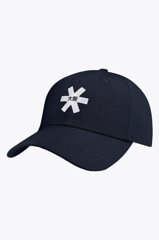 Osaka baseball cap in navy with logo in white. Side view