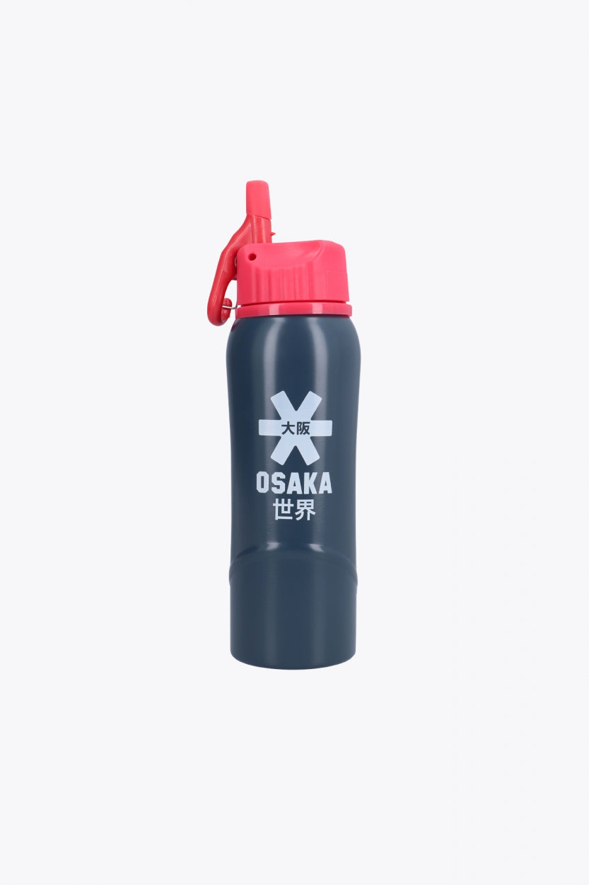 Osaka Kuro aluminium water bottle in navy with logo in white and top in red. Front view