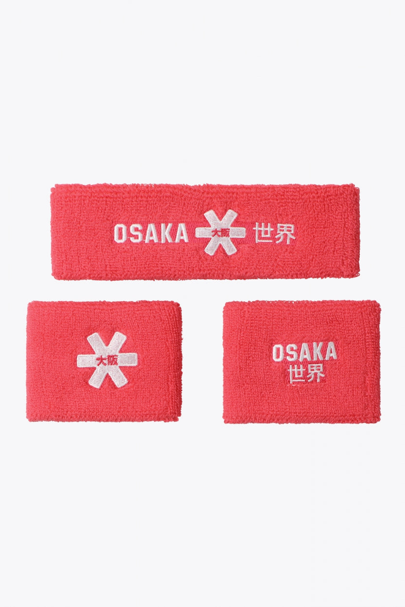 Osaka red sweatbands set with logo in white