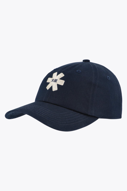 Osaka baseball cap in navy with logo in white. Side view