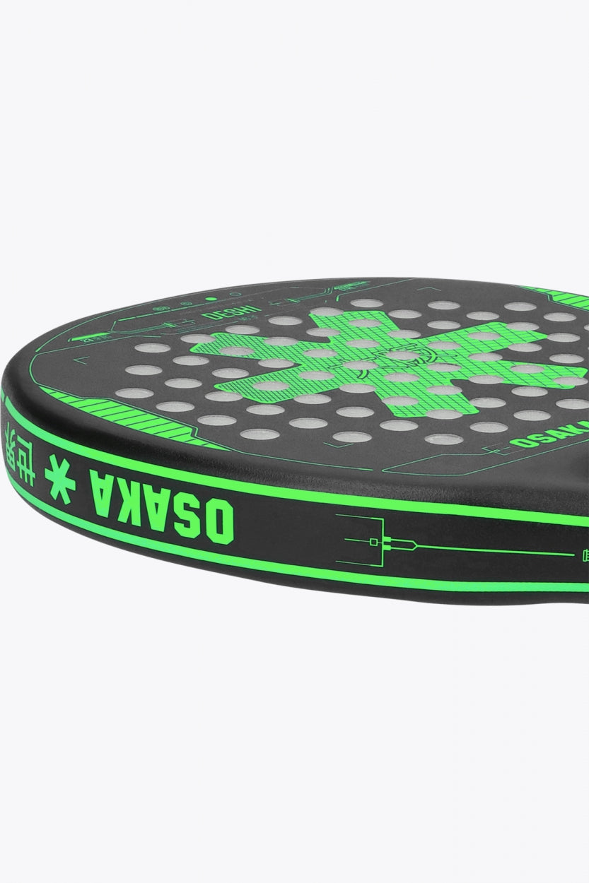 Osaka Deshi padel racket black with logo in green. Detail side view