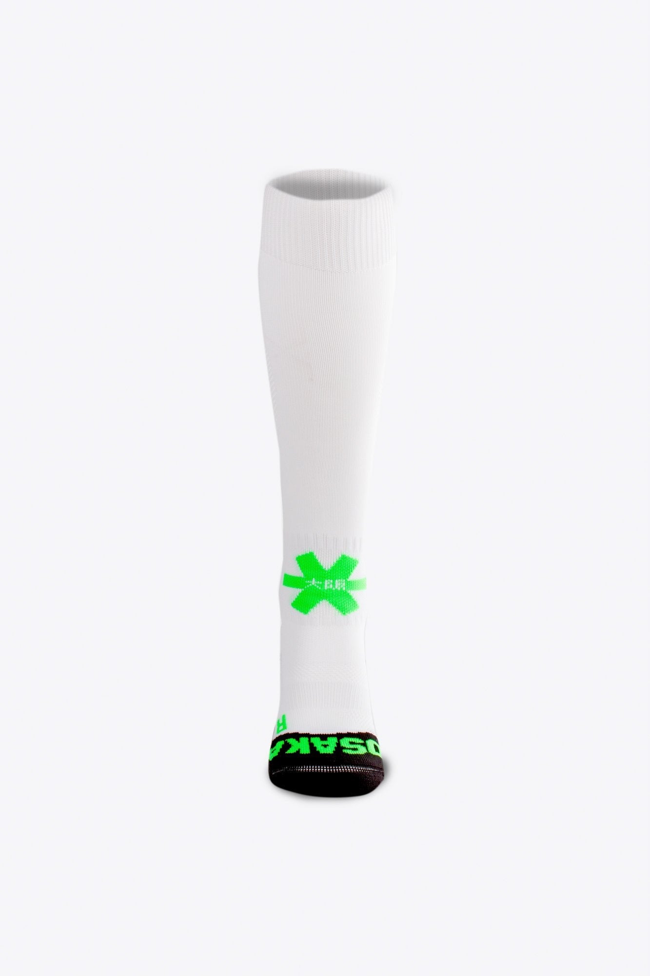 Osaka Field Hockey Socks in white with Osaka logo in green. Front view