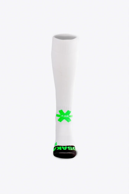 Osaka Field Hockey Socks in white with Osaka logo in green. Front view