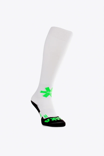 Osaka Field Hockey Socks in white with Osaka logo in green. Side view