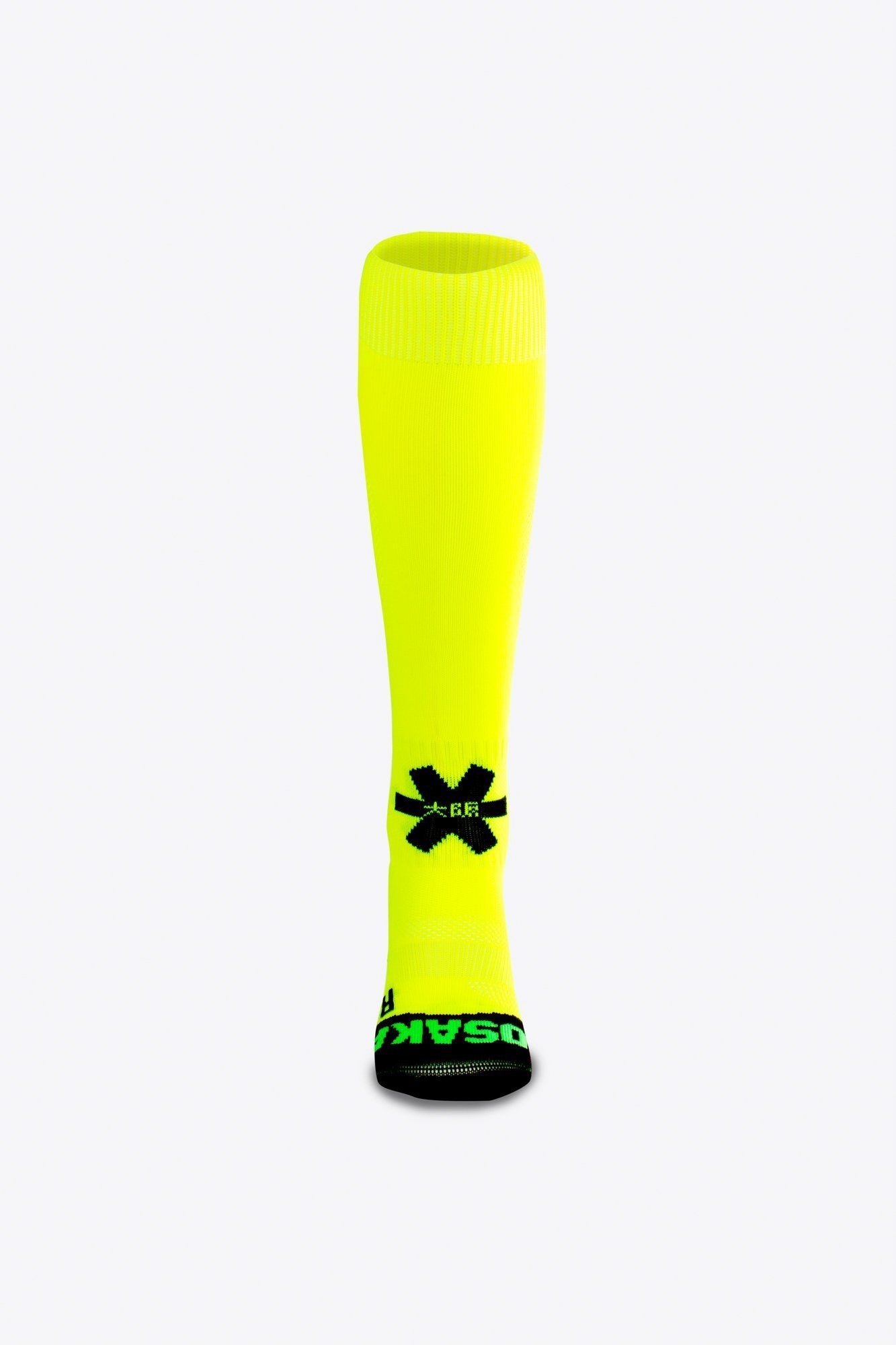 Osaka Field Hockey Socks in yellow with Osaka logo in green. Front view