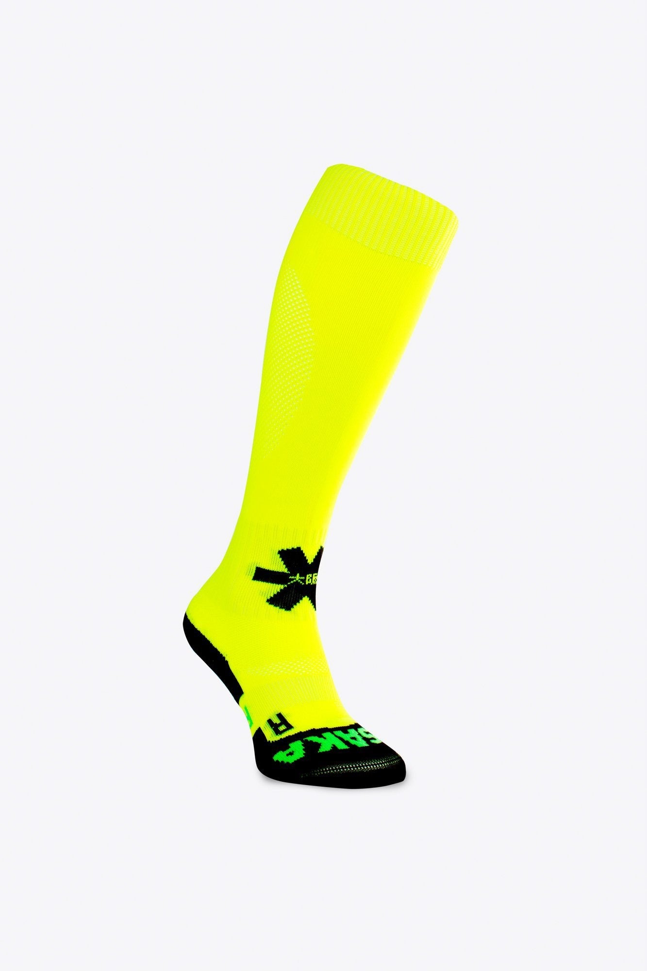 Osaka Field Hockey Socks in yellow with Osaka logo in green. Side view