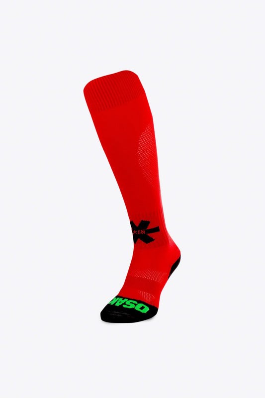 Osaka Field Hockey Socks in red with Osaka logo in green. Front view