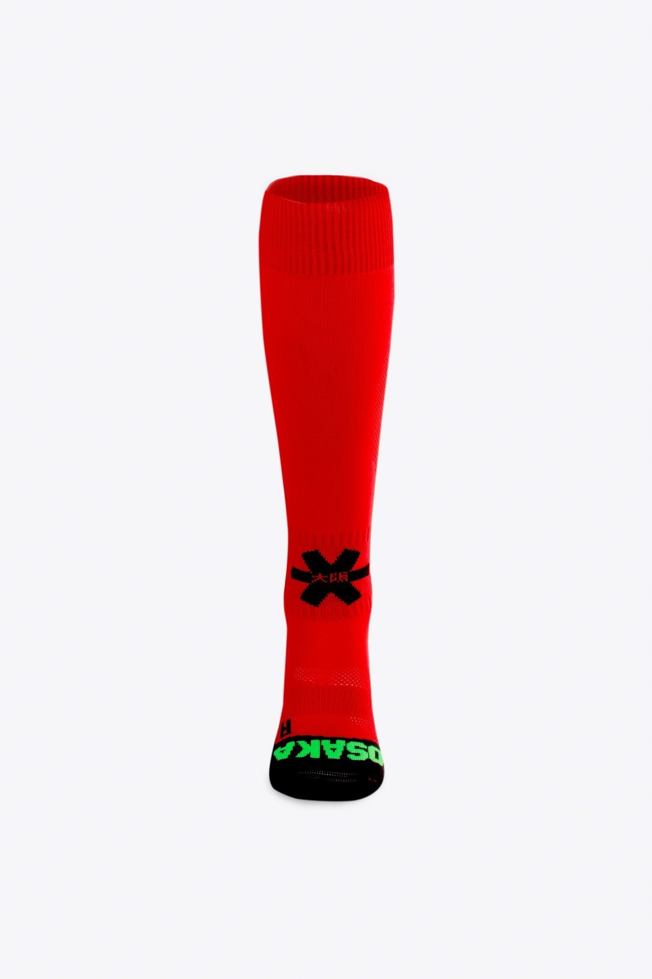 Osaka Field Hockey Socks in red with Osaka logo in green. Front view