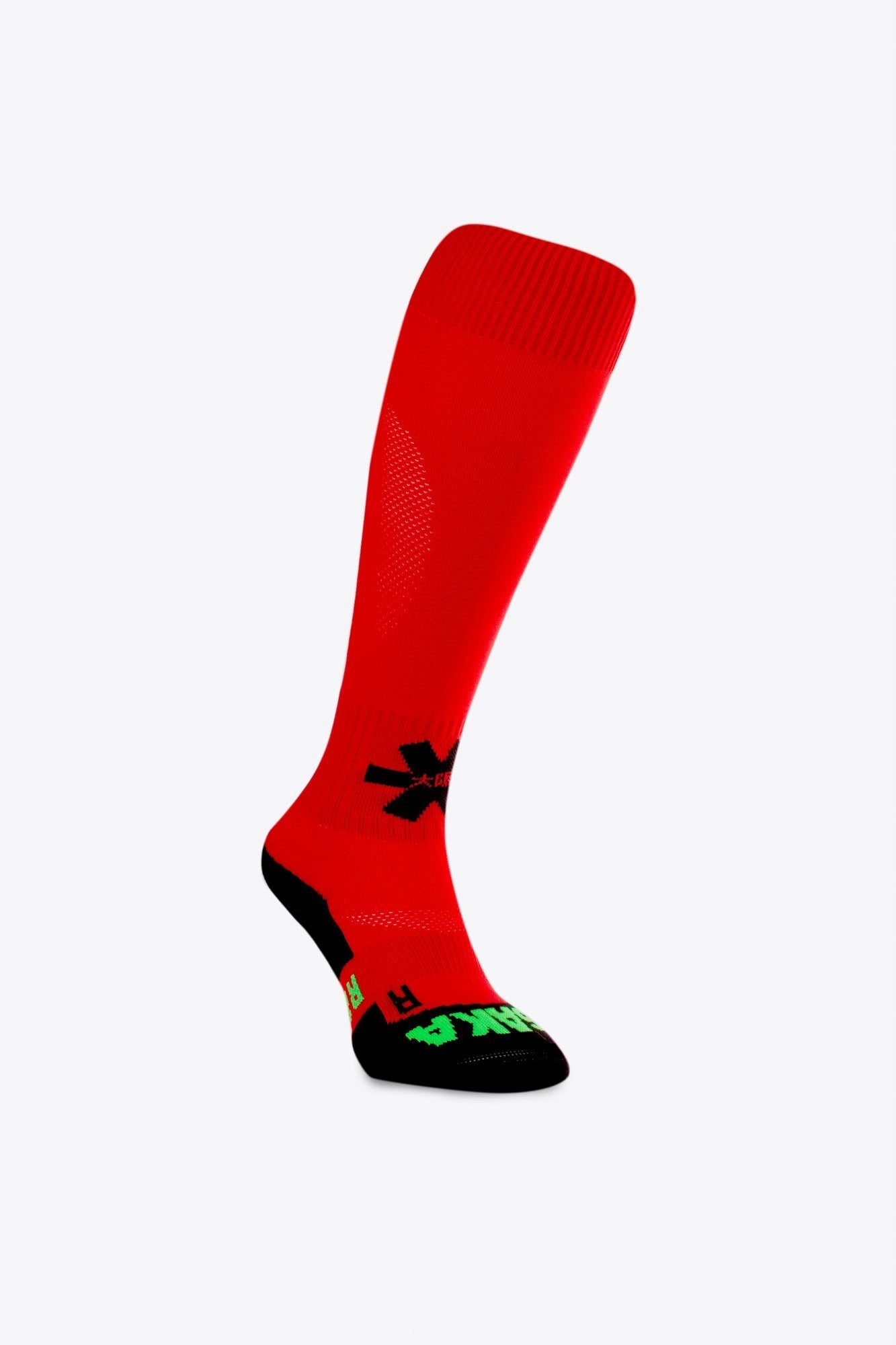 Osaka Field Hockey Socks in red with Osaka logo in green. Side view