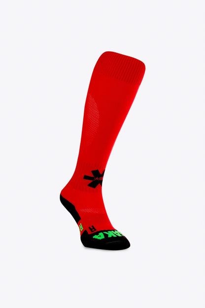 Osaka Field Hockey Socks in red with Osaka logo in green. Side view