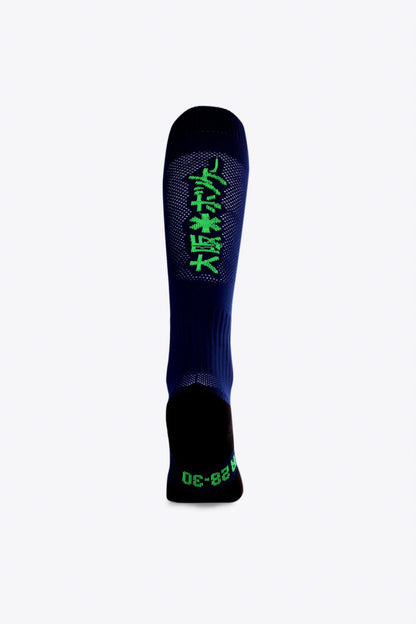 Osaka Field Hockey Socks in navy with Osaka logo in green. Back view