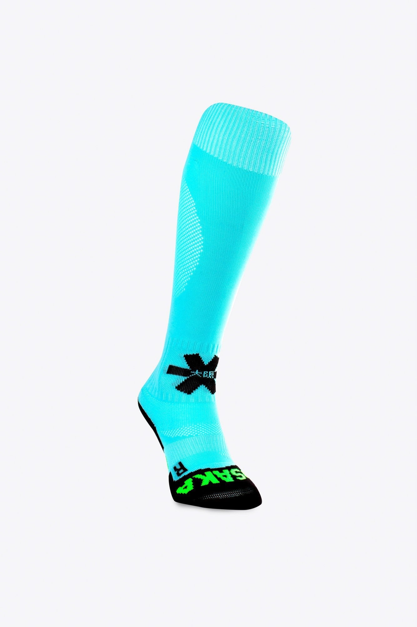 Osaka Field Hockey Socks in sky blue with Osaka logo in green. Side view