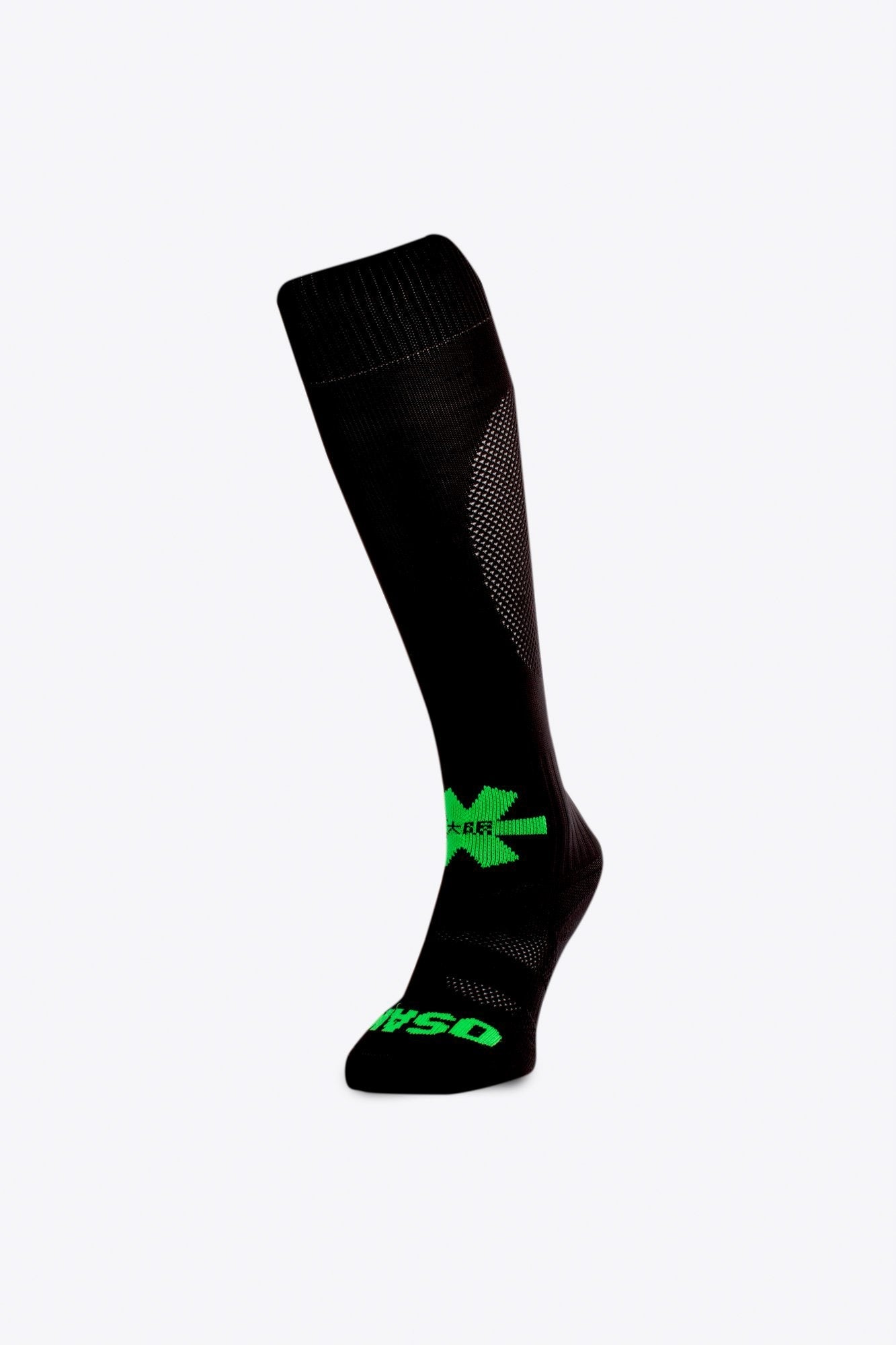 Osaka Field Hockey Socks black with Osaka logo in green. Front view