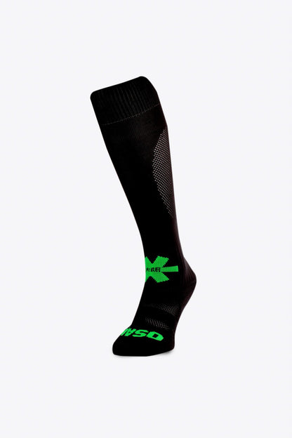Osaka Field Hockey Socks black with Osaka logo in green. Front view