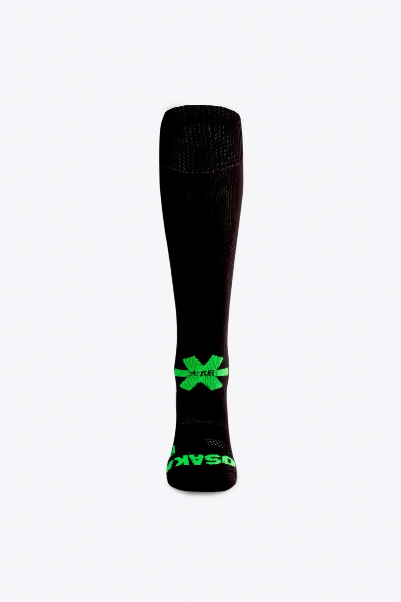 Osaka Field Hockey Socks black with Osaka logo in green. Front view