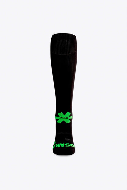 Osaka Field Hockey Socks black with Osaka logo in green. Front view