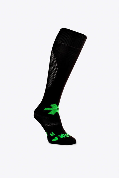 Osaka Field Hockey Socks black with Osaka logo in green. Side view