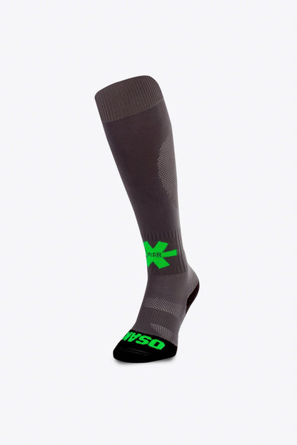 Osaka Field Hockey Socks in grey with Osaka logo in green. Front view