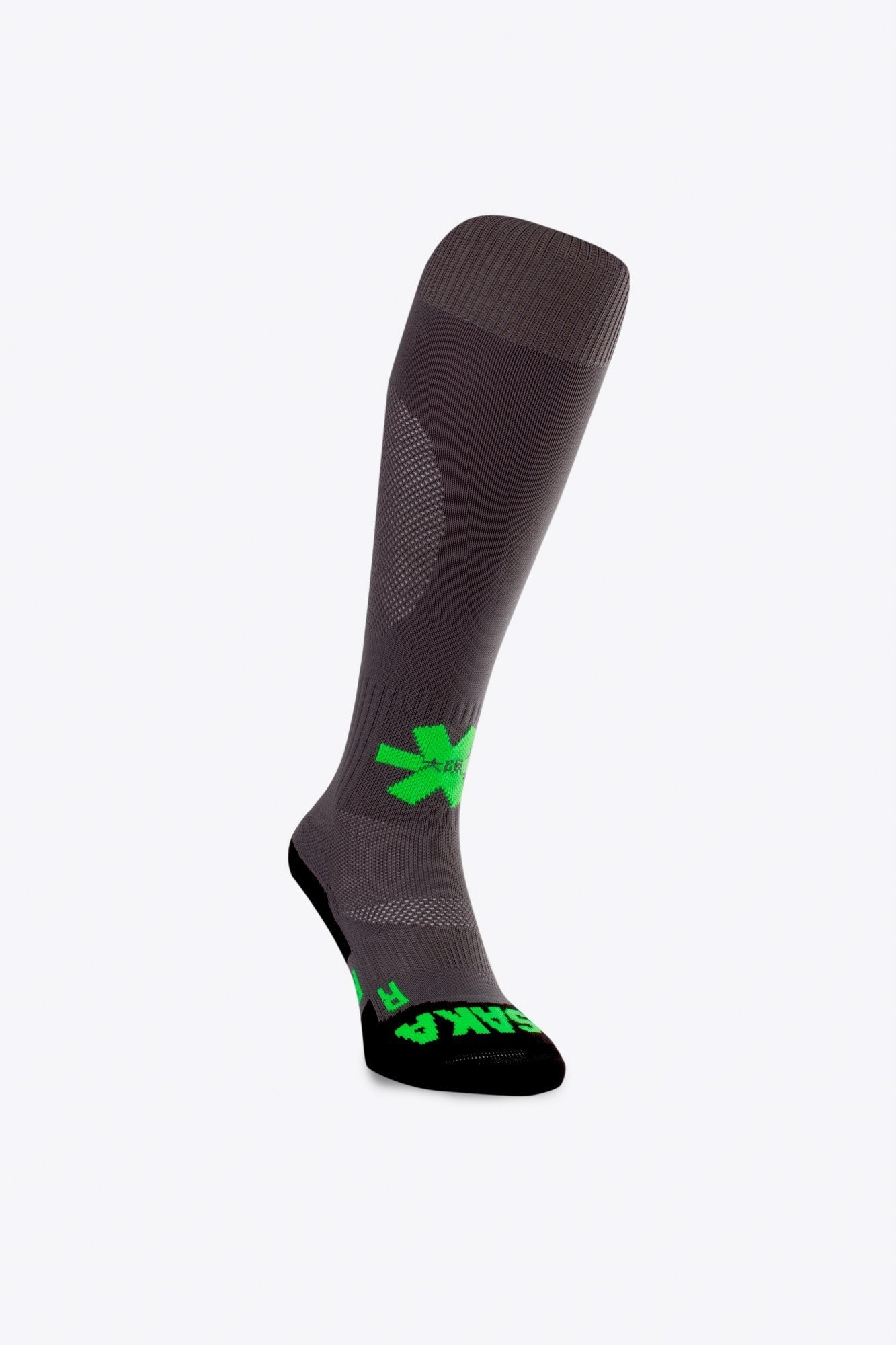 Osaka Field Hockey Socks in grey with Osaka logo in green. Side view