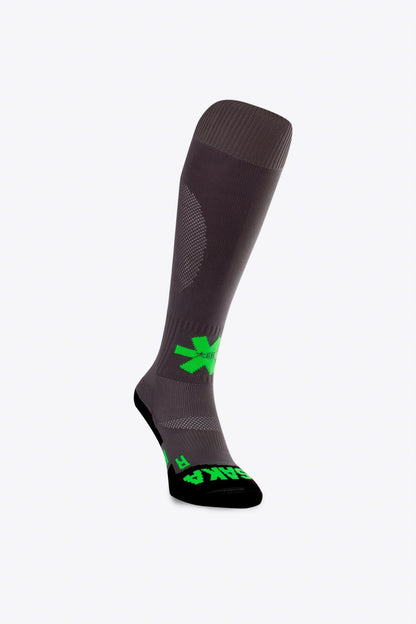 Osaka Field Hockey Socks in grey with Osaka logo in green. Side view