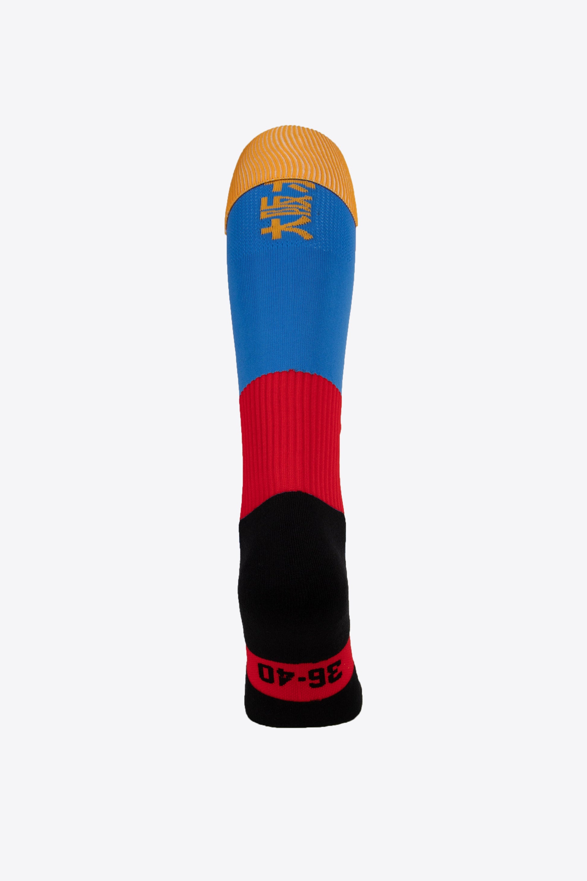 Osaka Field Hockey Socks in primary colours with Osaka logo in green. Back view
