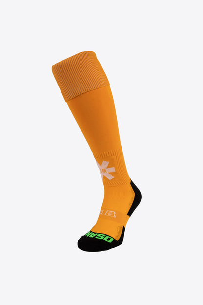 Osaka Field Hockey Socks in mellow yellow with Osaka logo in green. Front view
