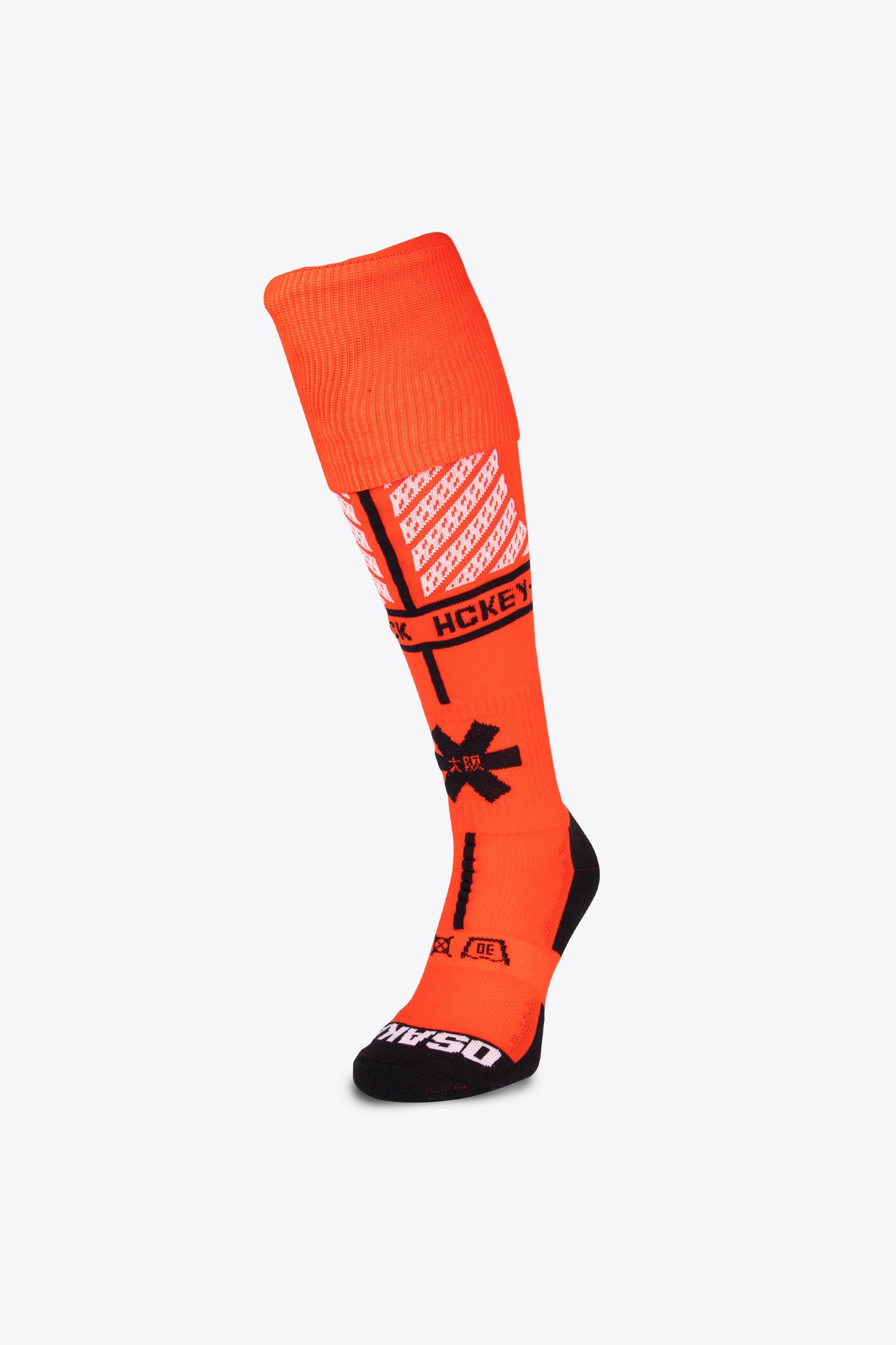 Osaka Field Hockey Socks in moon orange with Osaka logo in white. Front view