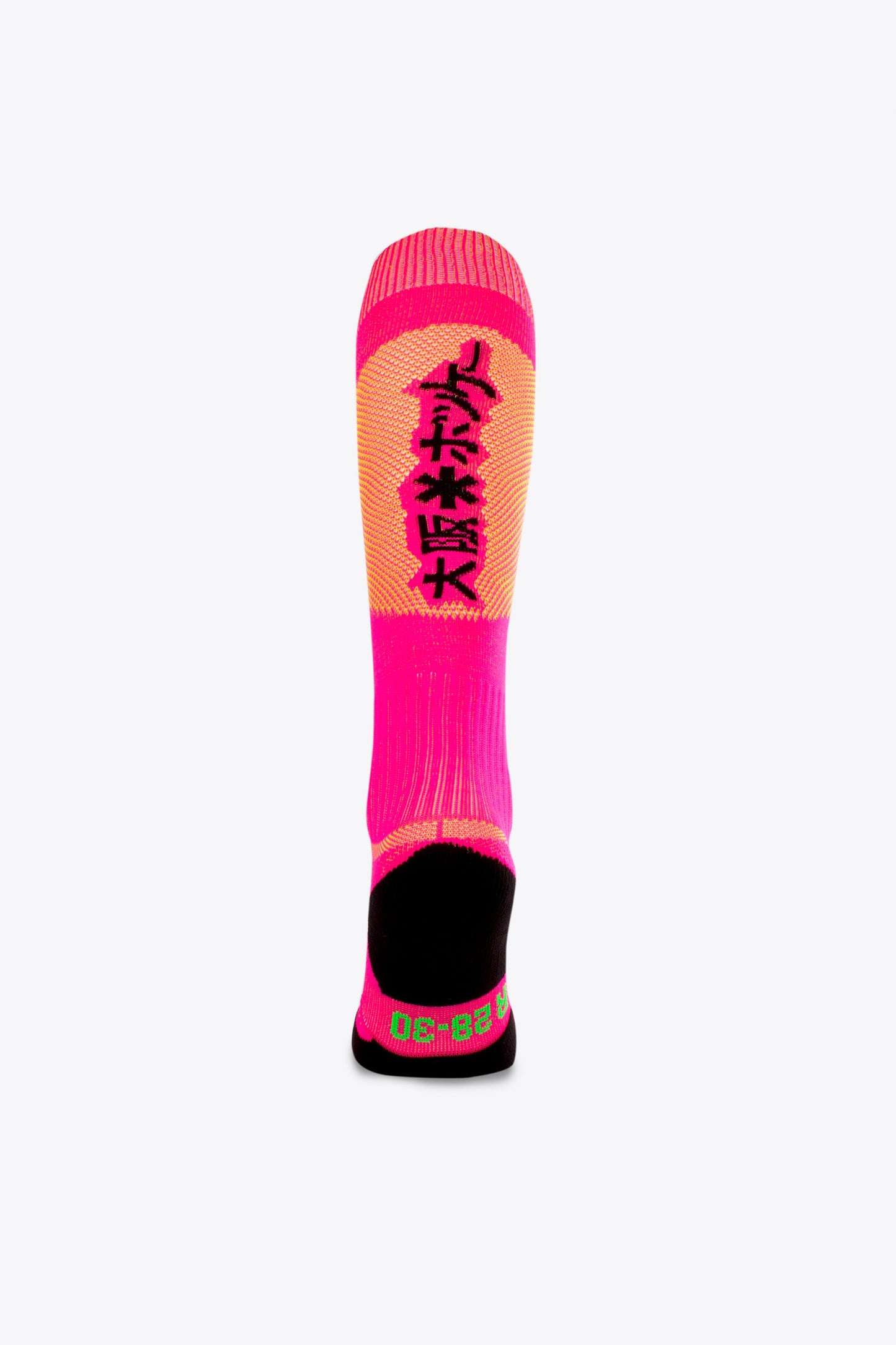 Osaka Field Hockey Socks in pink and yellow with Osaka logo in green. Back view