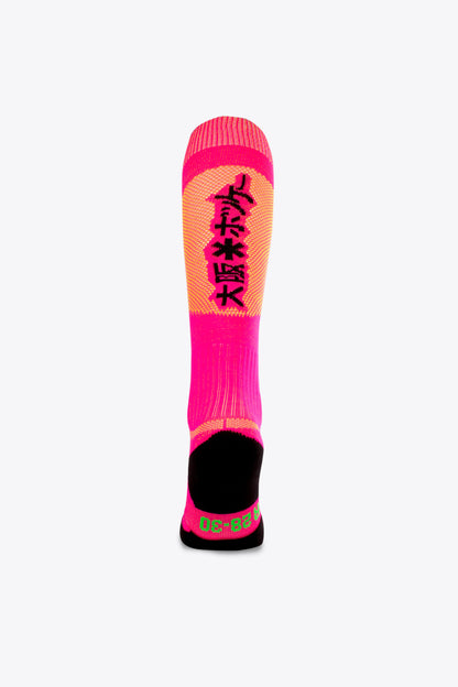 Osaka Field Hockey Socks in pink and yellow with Osaka logo in green. Back view