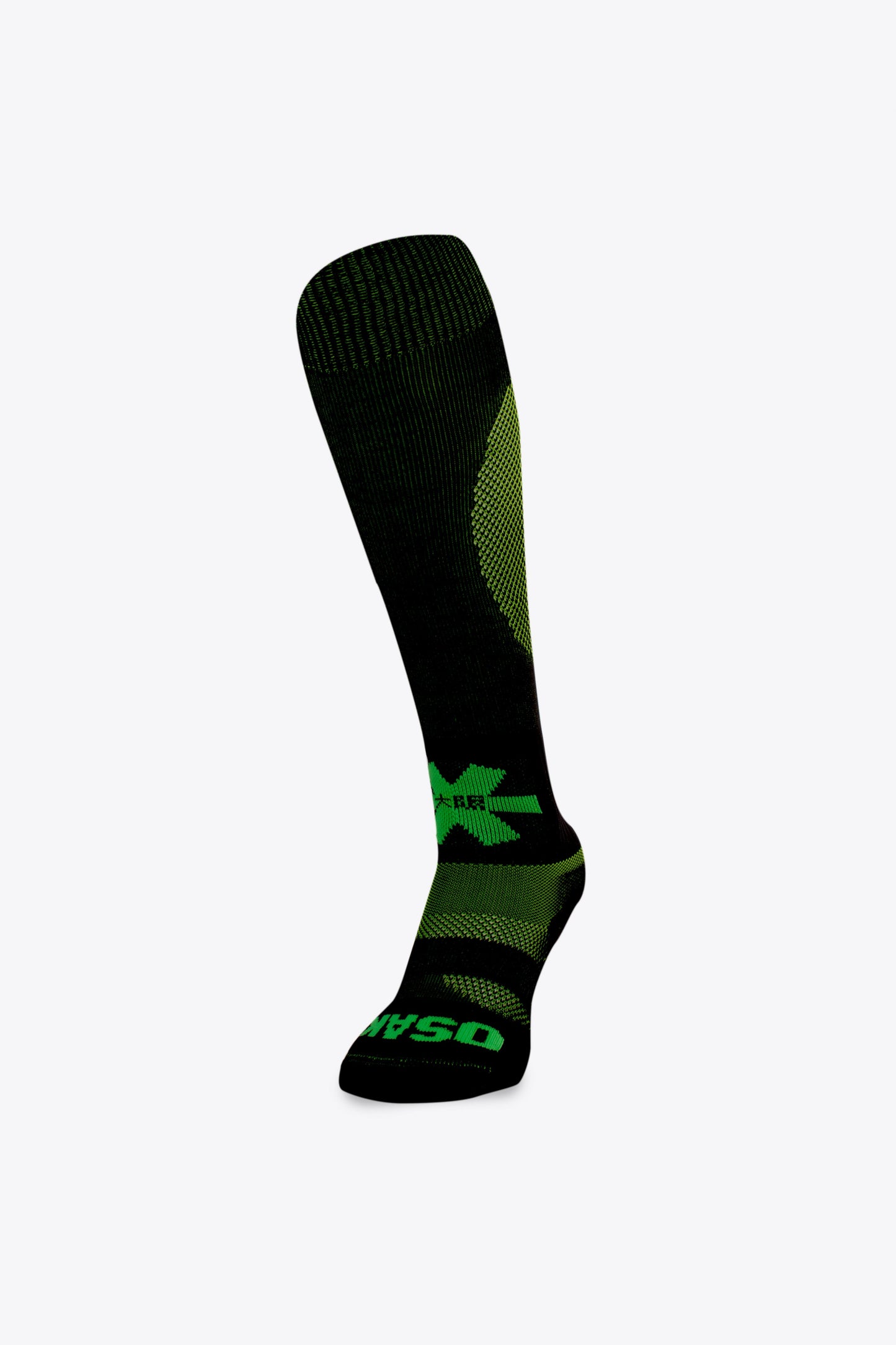 Osaka Field Hockey Socks black-yellow melange with Osaka logo in green. Front view
