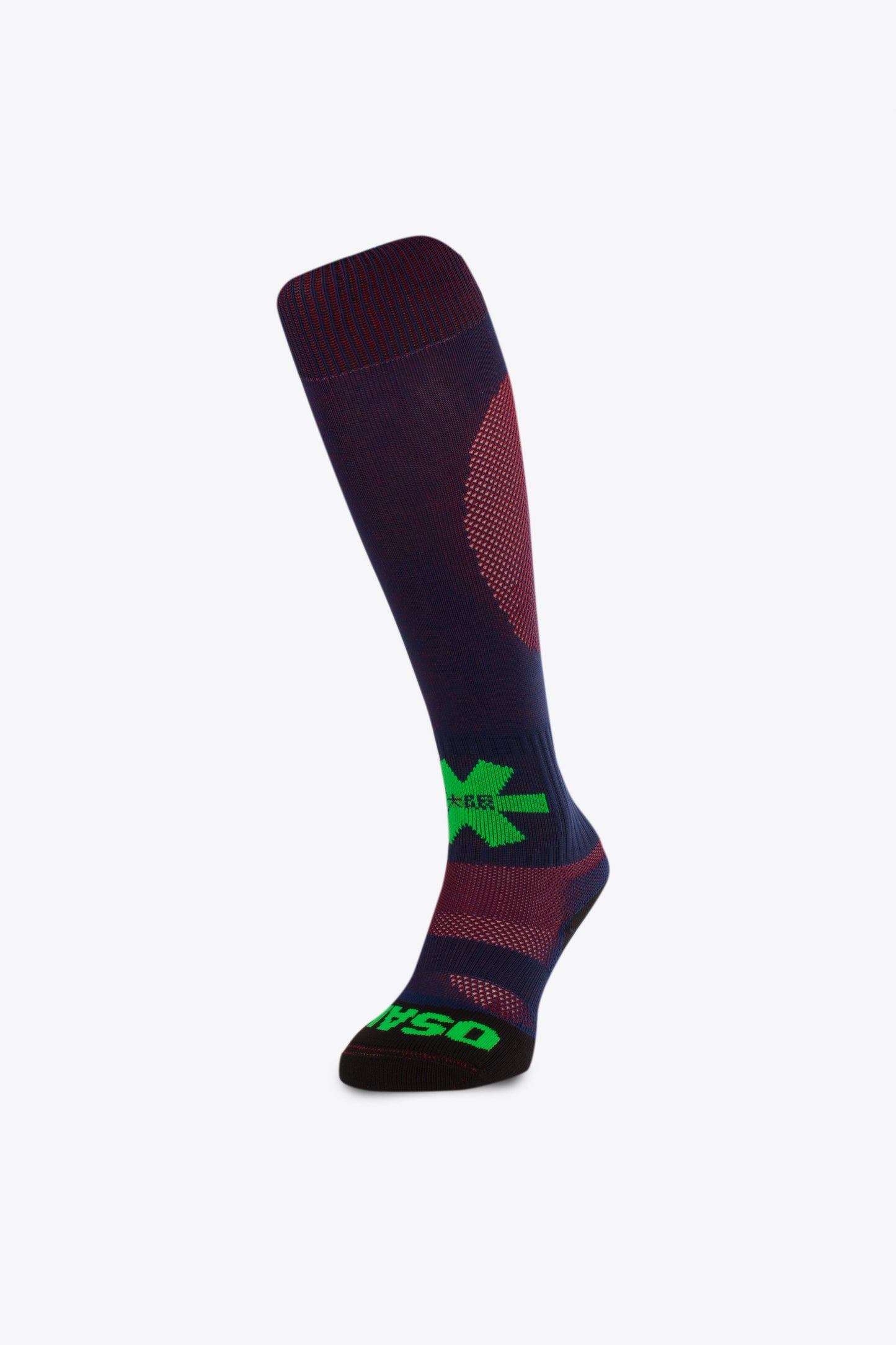 Osaka Field Hockey Socks in navy and red with Osaka logo in green. Front view