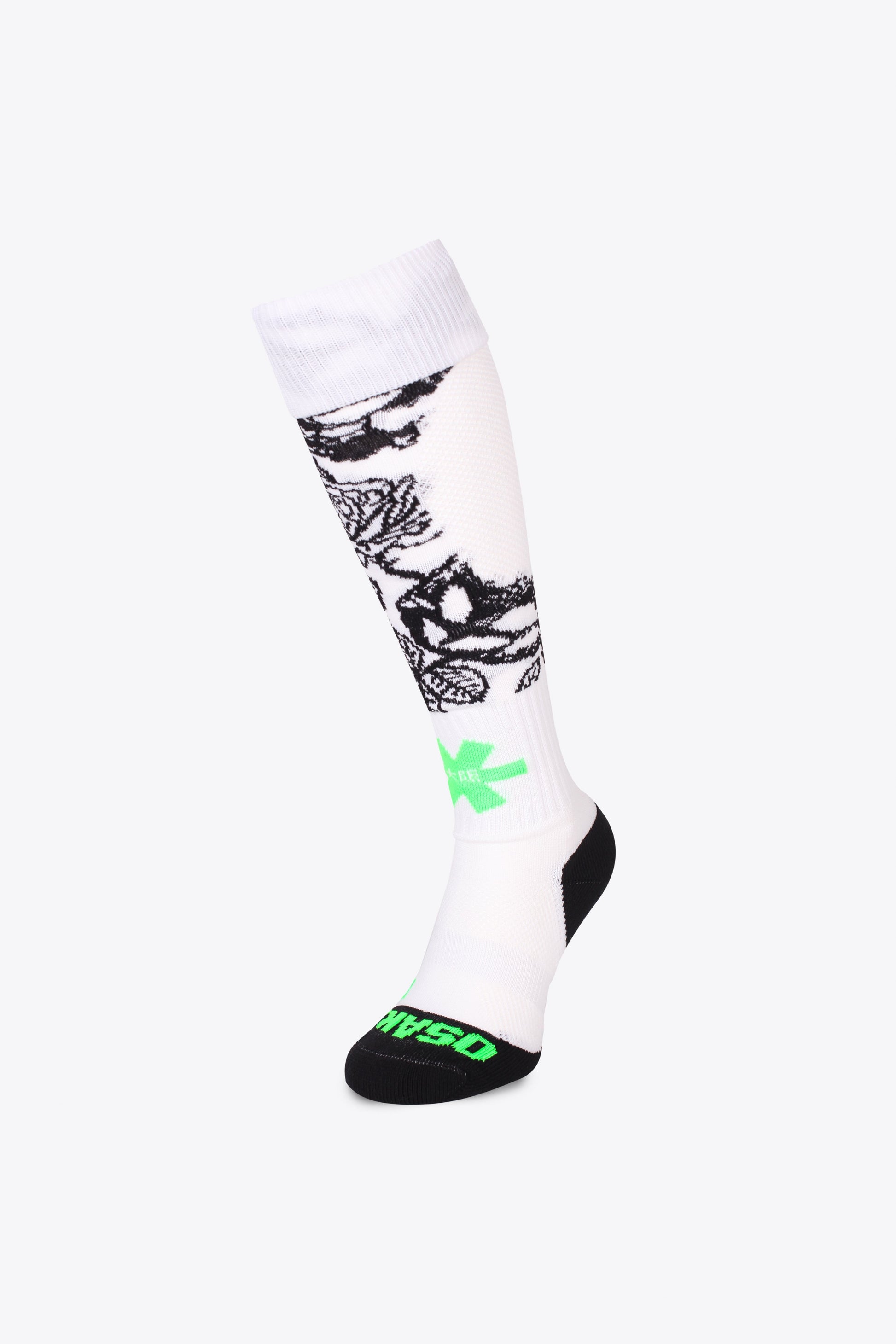 Osaka Field Hockey Socks in white flowers with Osaka logo in green. Front view