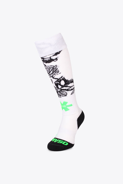 Osaka Field Hockey Socks in white flowers with Osaka logo in green. Front view