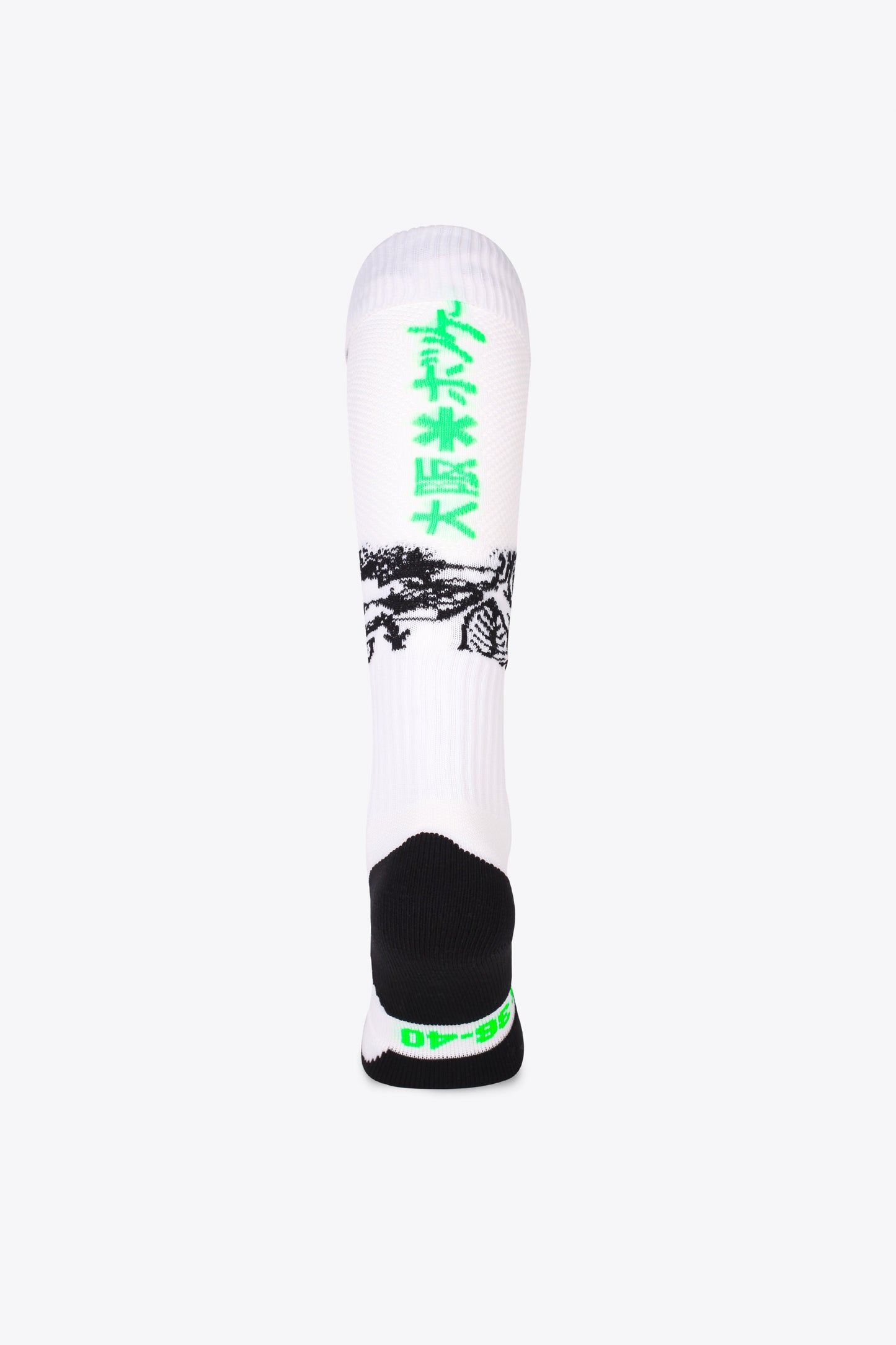 Osaka Field Hockey Socks in white flowers with Osaka logo in green. Back view