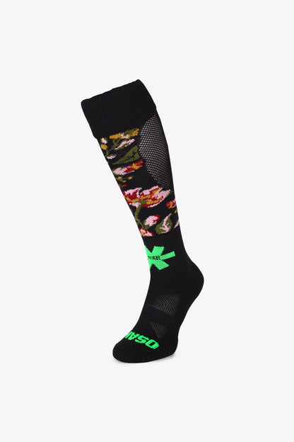 Osaka Field Hockey Socks in vintage flowers with Osaka logo in green. Front view