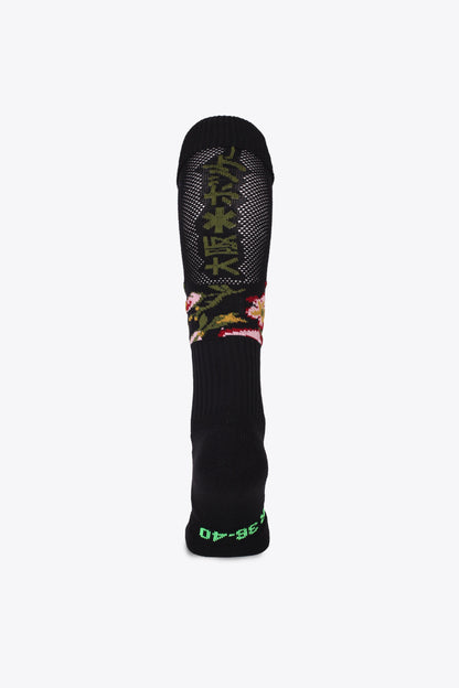  Osaka Field Hockey Socks in vintage flowers with Osaka logo in green. Back view