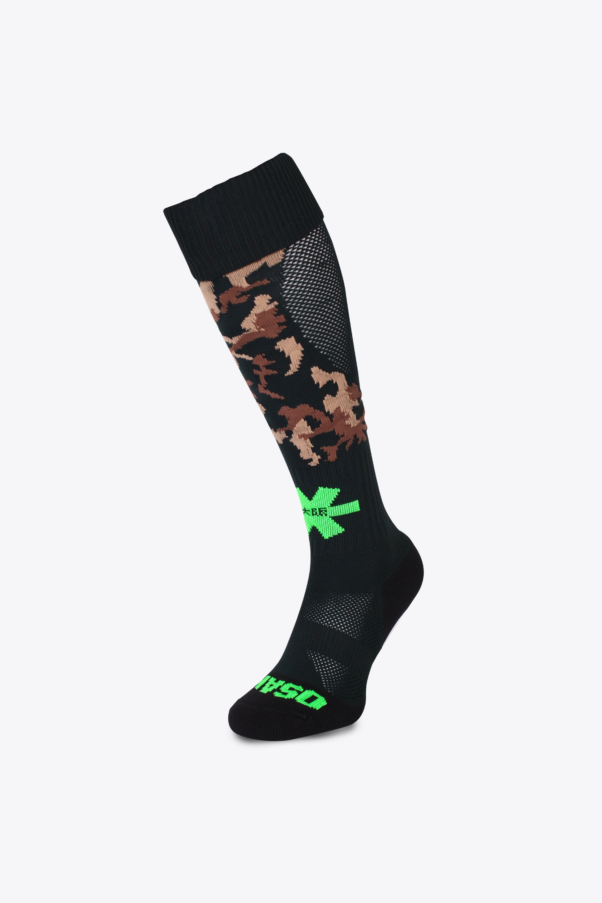 Osaka Field Hockey Socks camouflage with Osaka logo in green. Front view