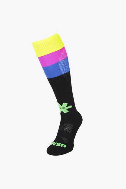 Osaka Field Hockey Socks fluo yellow, purple and blue with Osaka logo in green. Front view 