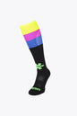 Osaka Field Hockey Socks fluo yellow, purple and blue with Osaka logo in green. Front view 