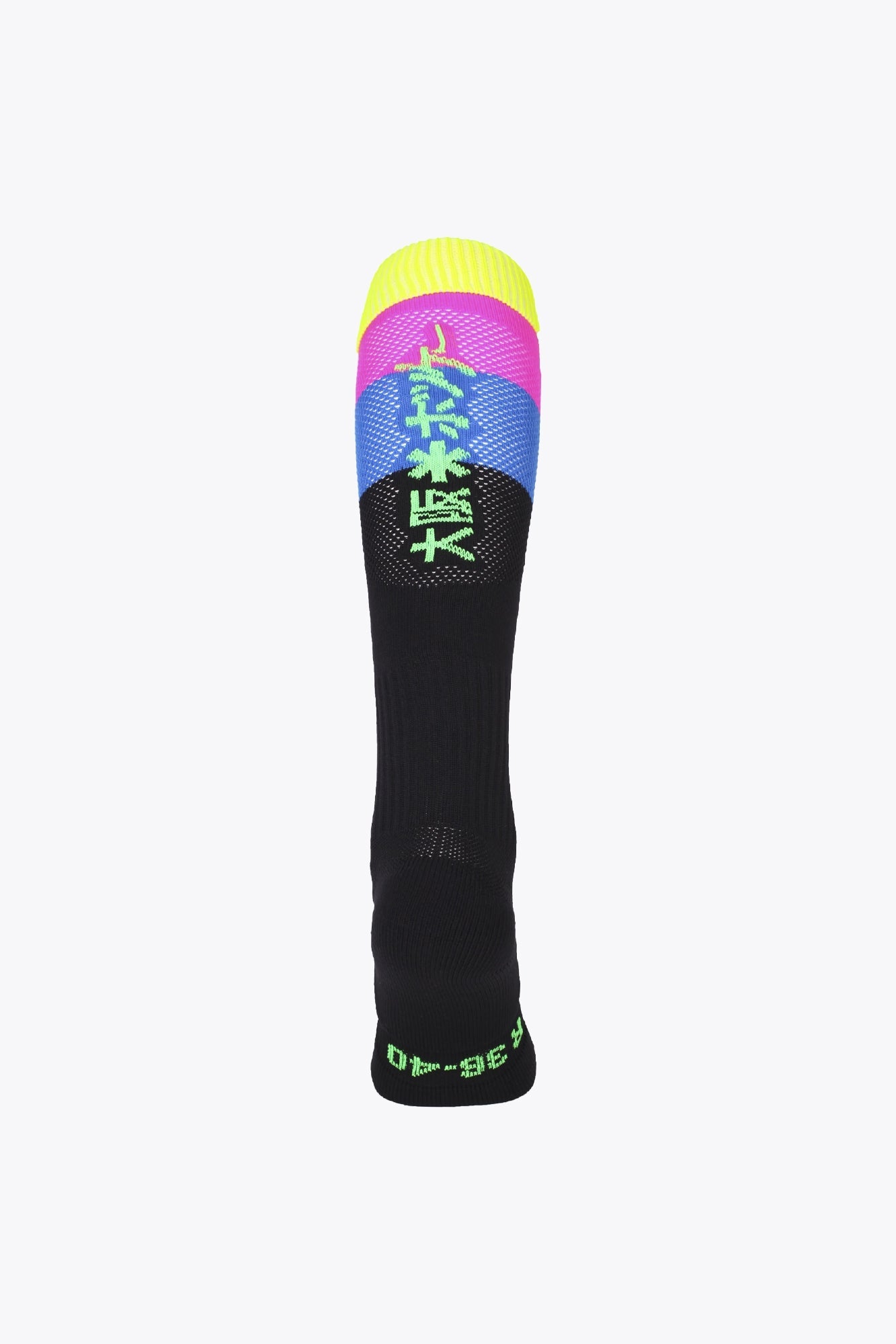Osaka Field Hockey Socks fluo yellow, purple and blue with Osaka logo in green. Back view 