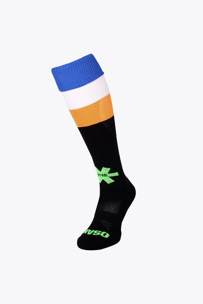 Osaka Field Hockey Socks fluo orange, white and blue with Osaka logo in green. Front view 