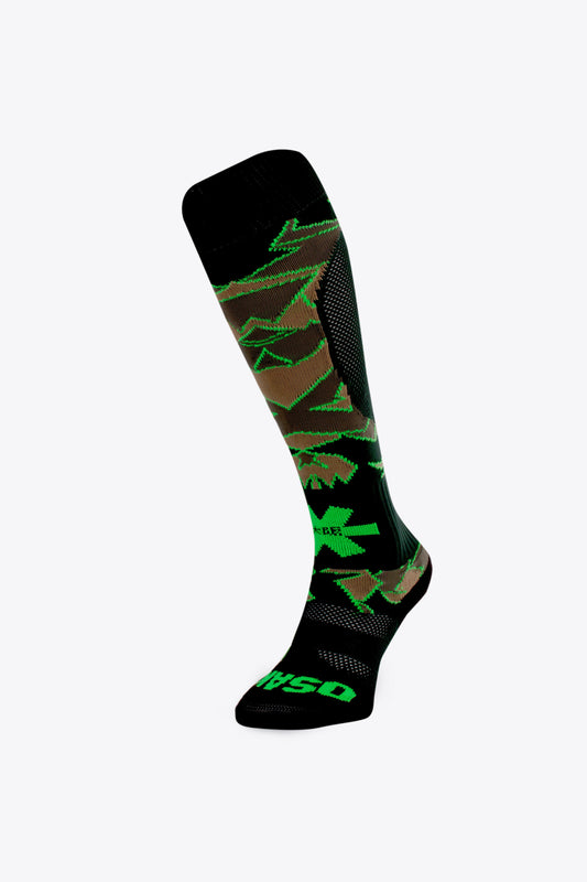 Osaka Field Hockey Socks camouflage green with Osaka logo in green. Front view 