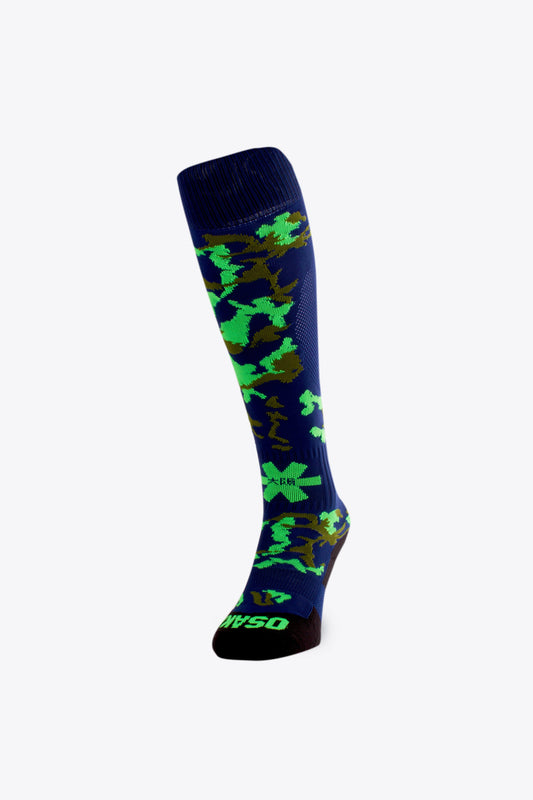 Osaka Field Hockey Socks fancy camouflage green with Osaka logo in green. Front view 