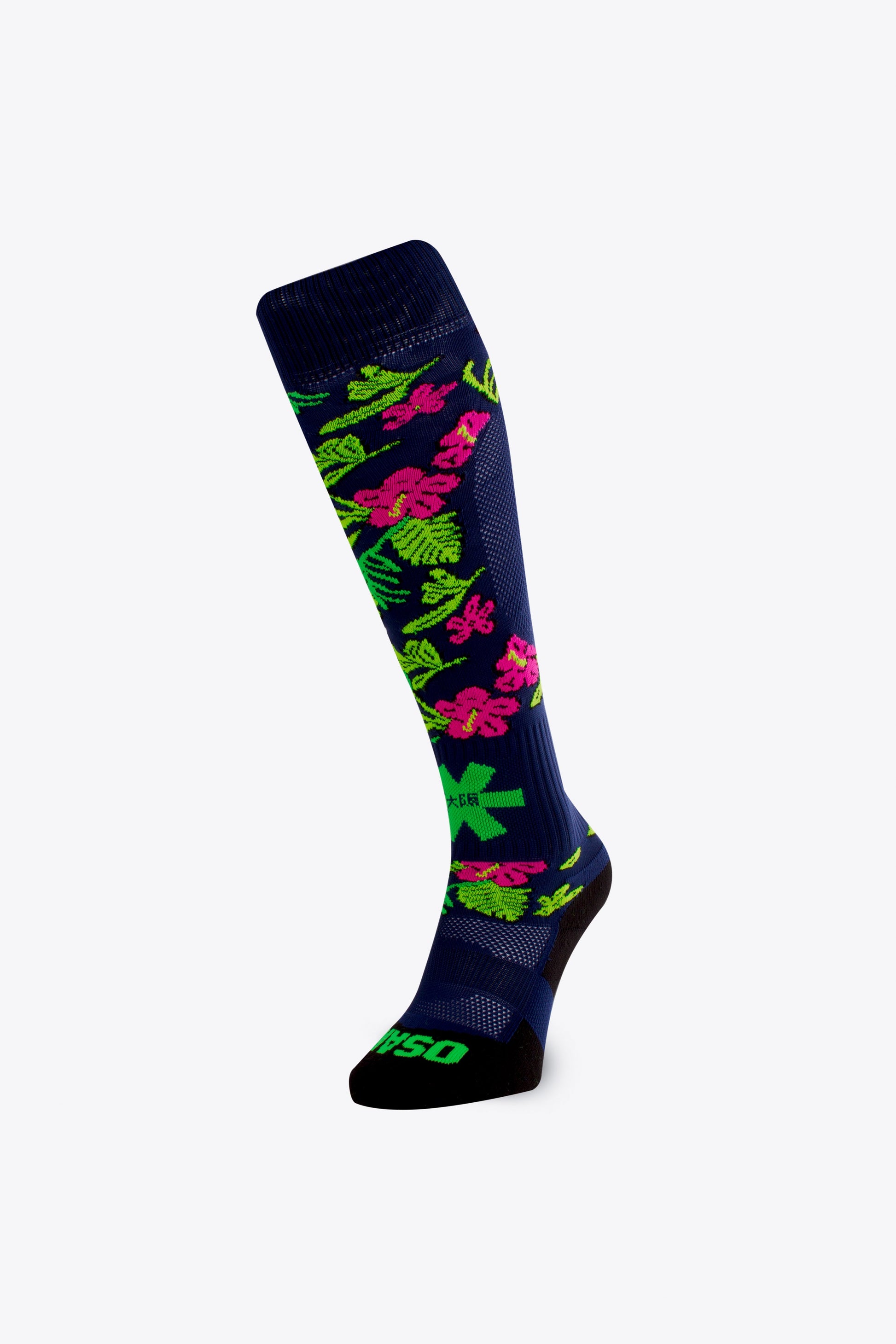 Osaka Field Hockey Socks flowers with Osaka logo in green. Front view 