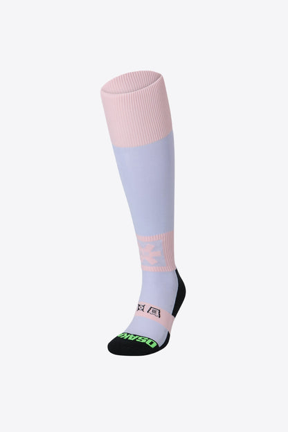 Osaka Field Hockey Socks violet and peach with Osaka logo in green. Front view 