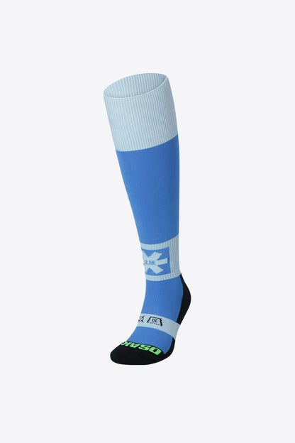 Osaka Field Hockey Socks in lazul blue and sky blue with Osaka logo in green. Front view