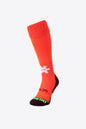 Osaka Field Hockey Socks in oxy fire and cream jade with Osaka logo in green. Front view