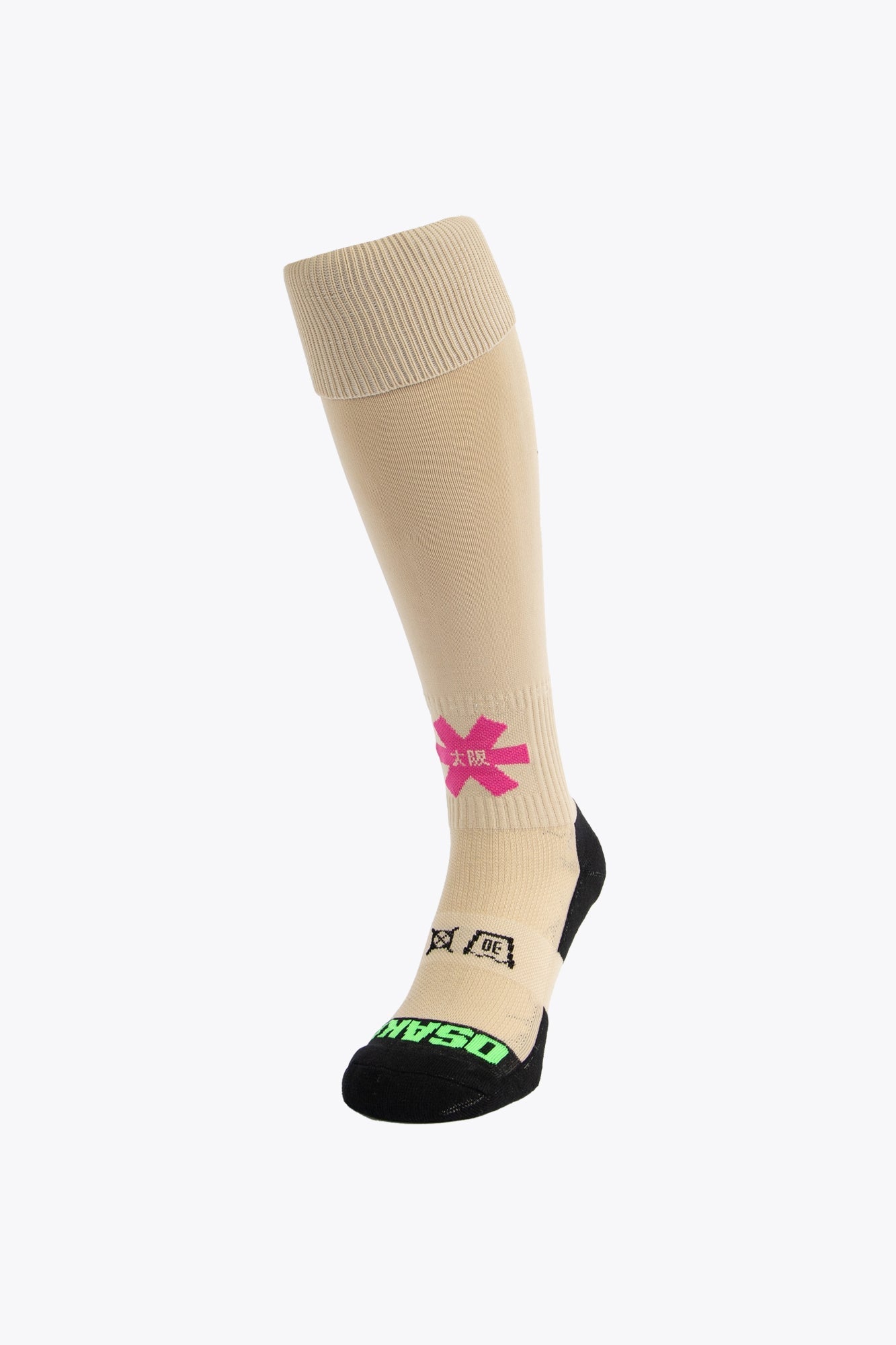 Osaka Field Hockey Socks in sand with Osaka logo in green. Front view